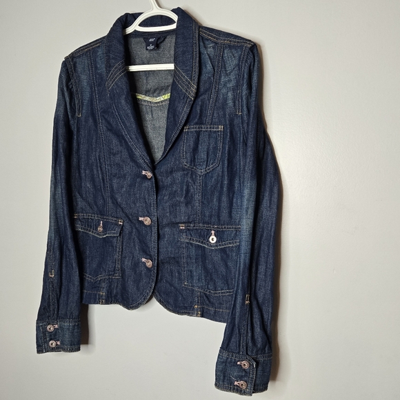 GAP Y2K Denim Blazer Jacket Womens 12‎ Dark Wash Cotton Linen Pink Stitching - Picture 3 of 8